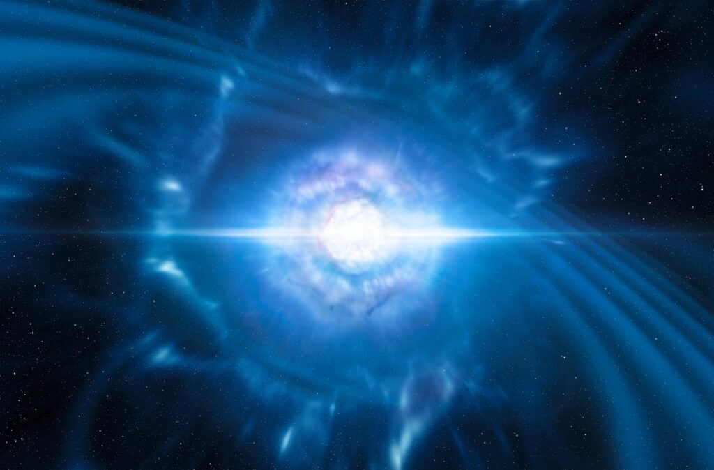 Artist’s impression of merging neutron stars.