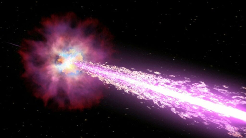 As a star explodes, narrow beams (white) of gamma rays are emitted first, followed by wider beams (magenta). NASA/Swift/Cruz deWilde