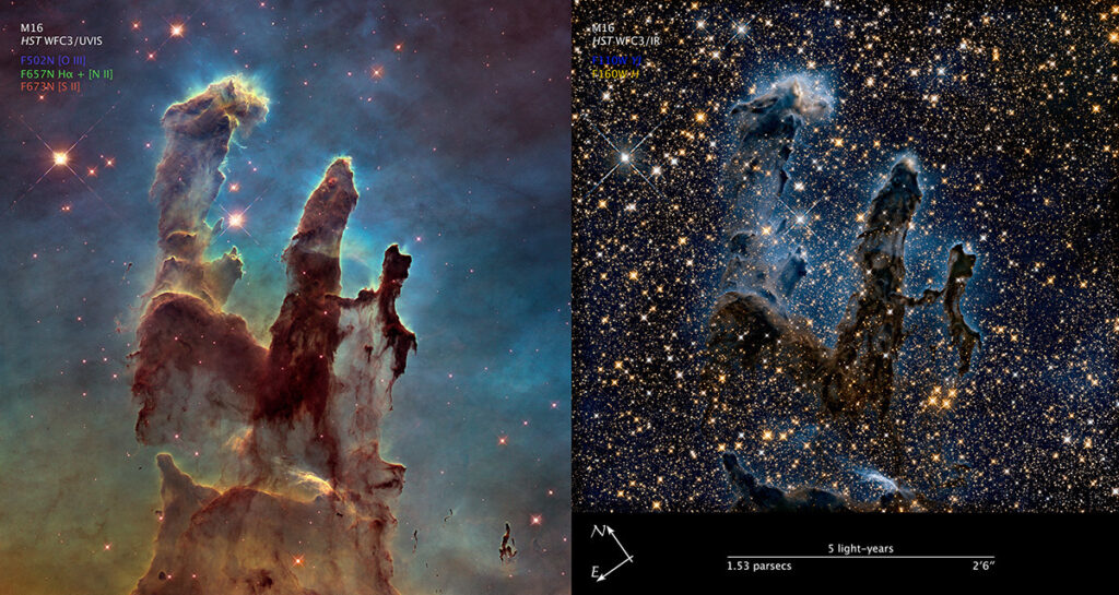 These are two Hubble images of the "Pillars of Creation" in the Eagle Nebula. The left image captures a visible light view, showing an opaque cloud of gas and dust. On the right, near-infrared light penetrates much of the gas and dust, revealing stars behind the nebula and hidden away inside the pillars.