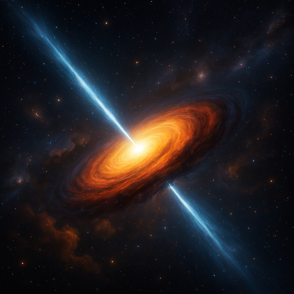 A distant quasar emitting massive jets of energy, surrounded by a swirling accretion disk